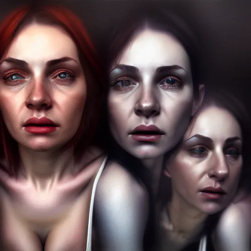 Image similar to hyperrealistic portrait of a woman terrified of three men and a woman, aesthetic, trending on artstation, detailed digital art,