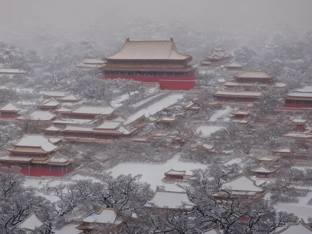 Image similar to the forbidden city on the snow mountain is on fire, highly detailed, blizzard, cinematic landscape ， on a snowy day, by xu beihong