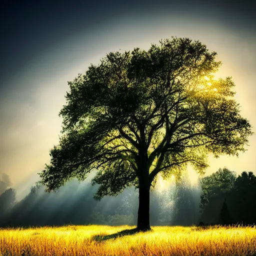 Prompt: dramatic backlit tall lone oak tree in a misty grass field surrounding by a large mountain range, 3 2 0 0 k color temp, volumetric lighting, volumetric shadows, hdr, 8 k, 1 3 mm nikor lens,