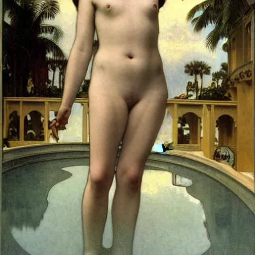 Image similar to Girl with a elixir chalice at the palace, thunderstorm, pool, beach and palm trees on the background major arcana sky, by paul delaroche, alphonse mucha and arnold böcklin arnold böcklin hyperrealistic 8k, very detailed