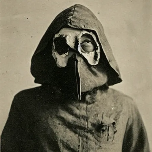 Image similar to hermit alchemist wearing scary headmask made of wood, 1900s photograph