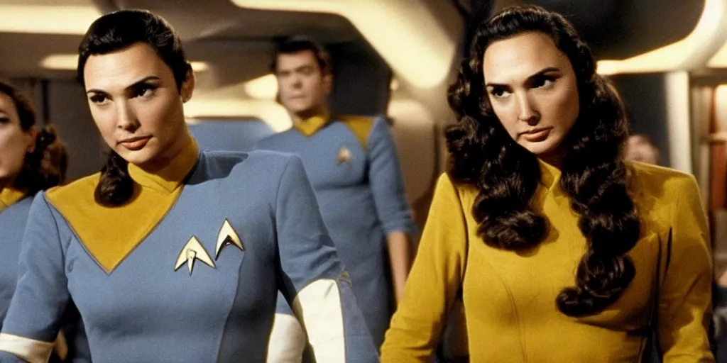 Image similar to a scene from Trouble with Tribbles, an episode of the original Star Trek series, with Gal Gadot, in Starfleet uniform, in the role of Captain Kirk