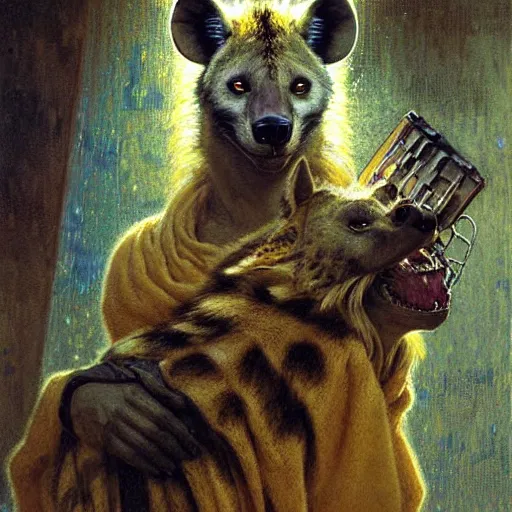 Prompt: portrait of a male hyena wolf wearing towel in front of a bath. shadowrun furaffiniy cyberpunk fantasy highly detailed painting by gaston bussiere craig mullins jc leyendecker gustav klimt artgerm greg rutkowski john berkey, bergey, craig mullins, ruan jia, raymond swanland, jeremy mann, tom lovell, alex malveda