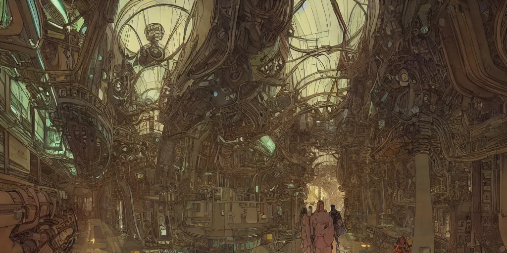 Image similar to steampunk starship hallway, kid and mad scientist walking, giant video screens, sci - fi, big interior plants, retrofuturism, concept art by mucha and moebius and victo ngai, architecture by francois schuiten, clean line, diesel punk, artstation