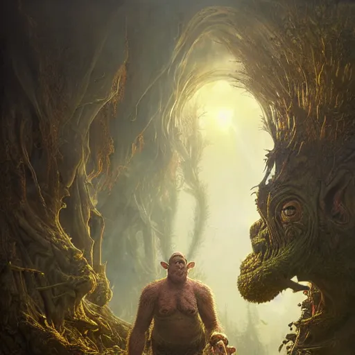 Image similar to a hyperrealistic illustration of a mix of an oger and giant and goblin, 8 k ultra realistic creature, detailed intricate, with fractal sunlight, award - winning, masterpiece, in the style of tom bagshaw, cedric peyravernay, peter mohrbacher