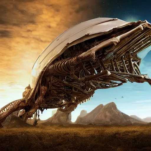 Prompt: hyper realistic close - up photo, a giant futuristic spaceship made from the bones and rib cage of a massive fantasy creature and meat and clear plastic sheets hovering above a small scenic western town, backlit by spotlight, night - n 4