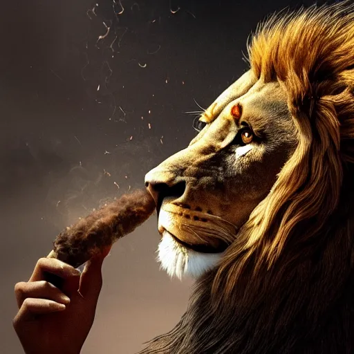 Image similar to a lion smoking a cigar, dramatic lighting, cinematic, establishing shot, extremely high detail, foto realistic, cinematic lighting, post processed, concept art, high details, cinematic, 8k resolution, beautiful detailed, photorealistic, digital painting, artstation, concept art, smooth, sharp focus, artstation trending, octane render, unreal engine