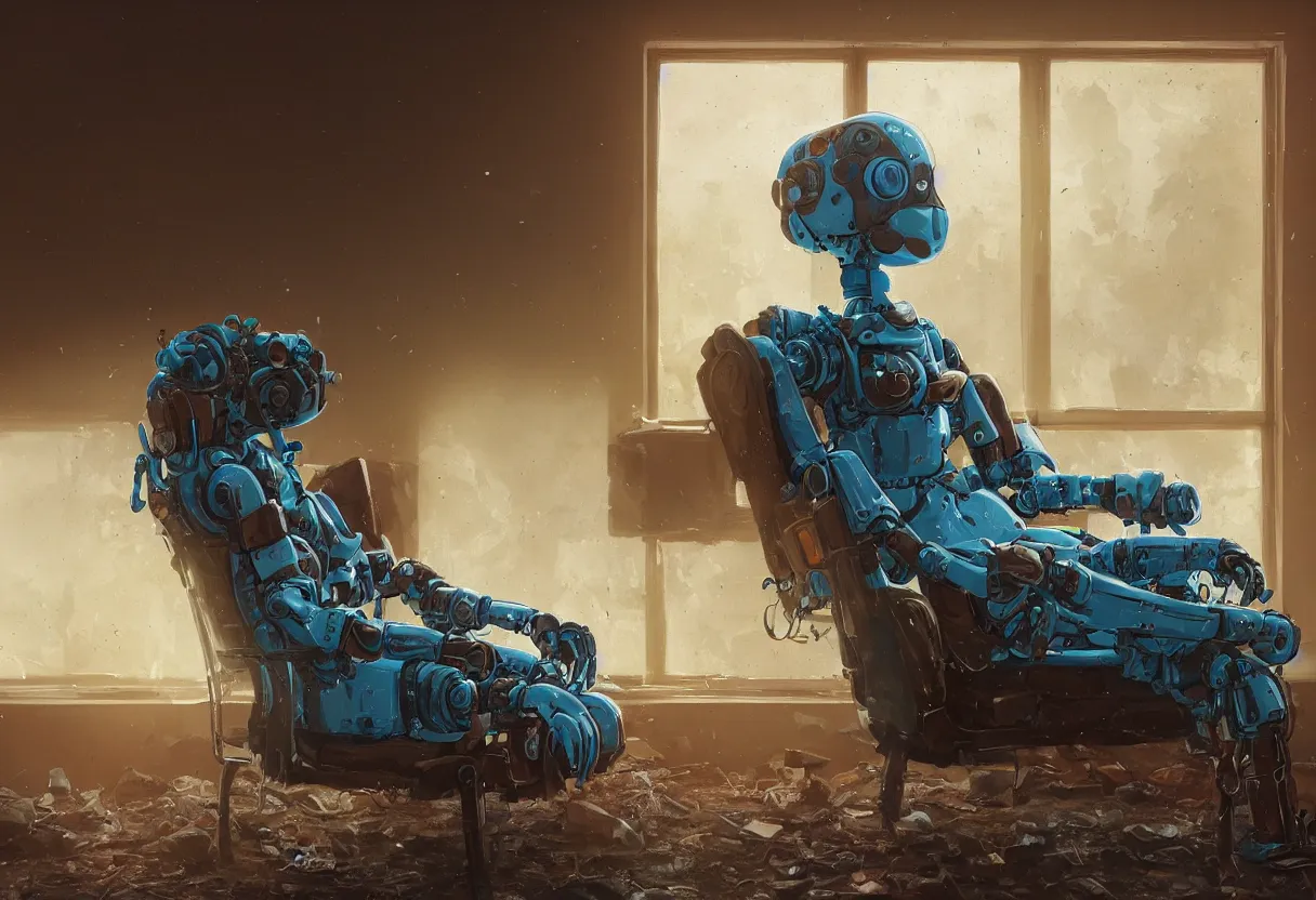 Prompt: A closeup portrait of a lone solitary cerulean and brown decaying futuristic robot seated on a torn couch facing a cozy fire in a beautiful fireplace in a dusty Victorian home, soft morning light seeping in a window, with cinematic lighting and lens flare, tall ceiling, octane render, by Simon Stalenhag and Sylvian Boussiron and Alfonso Cuaron, award-winning highly detailed 8k anamorphic closeup tight cinematic movie photograph