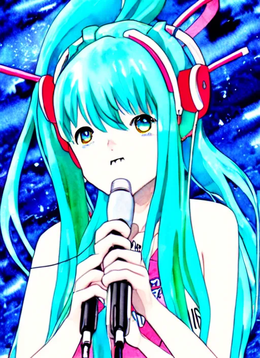 Prompt: a high detail watercolor of miku hatsune singing by Yukito Kishiro and katsuhiro otomo. pixiv fanbox skeb.jp clipstudio medibang ichi-up CGWORLD key visual manga cover