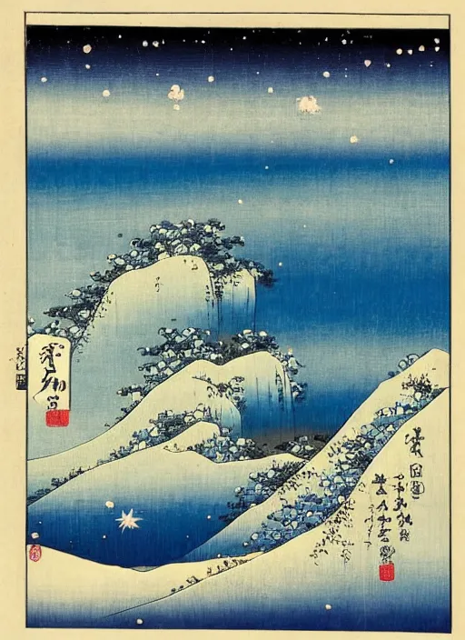 Image similar to blue roses on a mountain melting into the sky with stars of utagawa hiroshige