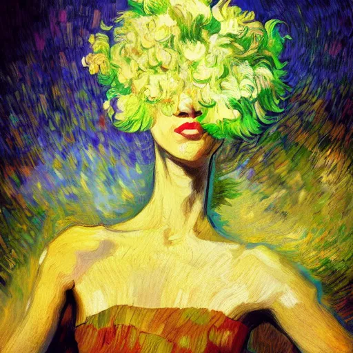 Image similar to giant flower head, woman in a luxury apartment, surreal, dramatic light, impressionist painting, digital painting, artstation, van gogh