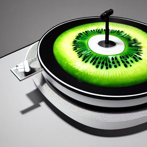 Image similar to vinyl turntable with vinyl record in shape of huge kiwi fruit, 4 k resolution, optical illusion, octane render, unreal render, hyperrealistic textures