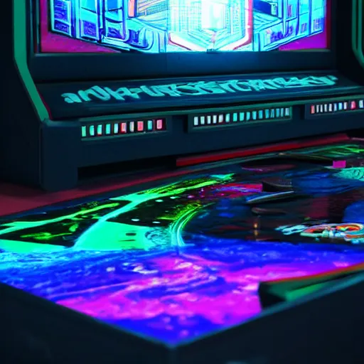 Image similar to 1990s arcade machine, octane render, unreal engine, digital art, Artstation, Trending on Artstation, cgsociety, Pinterest, 8k , close up to the screen, godrays, volumetric, reflections, cinematic, epic, accurate, coherent,