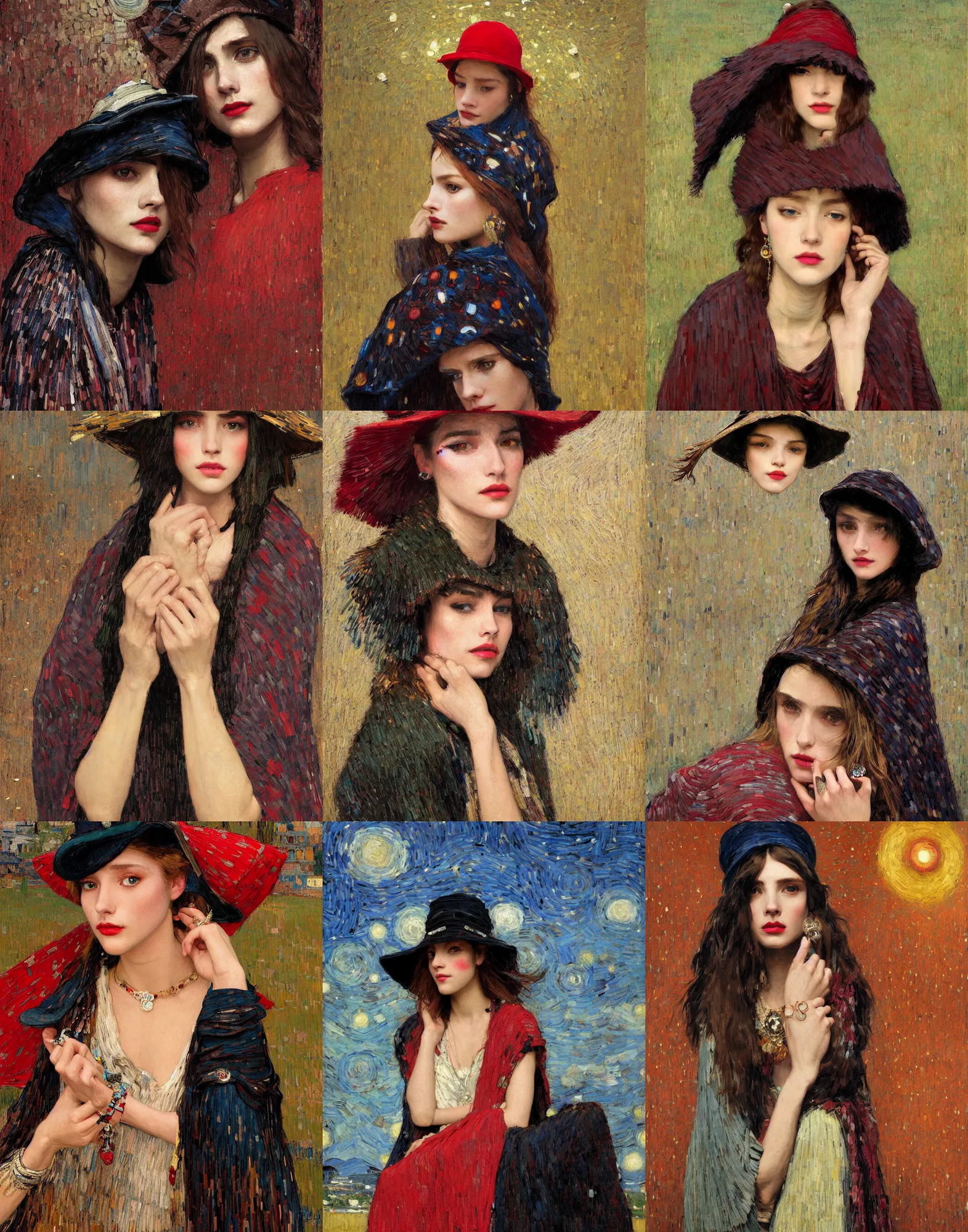 Prompt: portrait of fashionable young woman wearing rich jewerly hat and boho poncho at night, red light, dark make up on her face, sitting dynamic pose, Low poly, thunder clouds in the sky, artwork by john william waterhouse and Denis Sarazhin and klimt and rhads and van gogh and Dean Ellis and Detmold Charles Maurice, levitation, industrial rusty pipes, simple form, brutal shapes