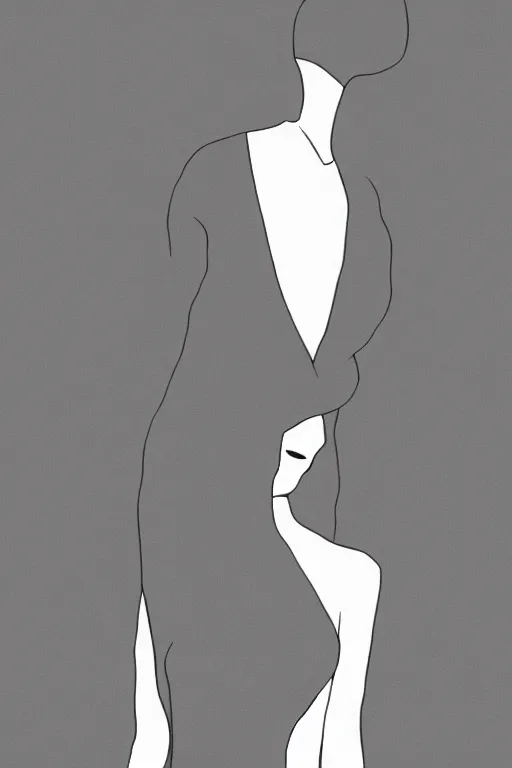 Image similar to portrait of a girl in long pants and a top, hands in pockets, eyes closed, bob haircut, digital art, black and white, simple, lineart