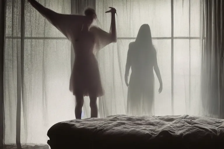 Image similar to vfx movie scene sleep paralysis night, a monster outside the extravagant bedroom window, natural lighting by emmanuel lubezki