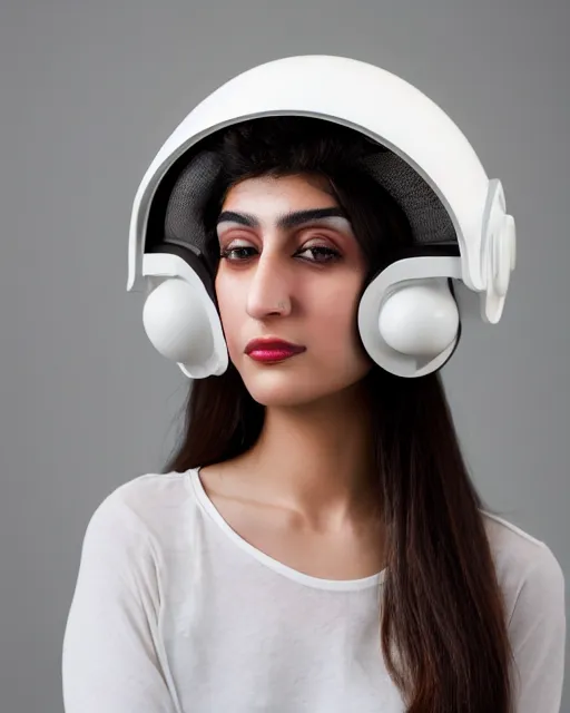 Image similar to centered medium shot fine studio photograph of a beautiful persian girl wearing a persian solarpunk electronic helmet with led lights, ultra-realistic, white background, 8k HDR morning light, intricate detail