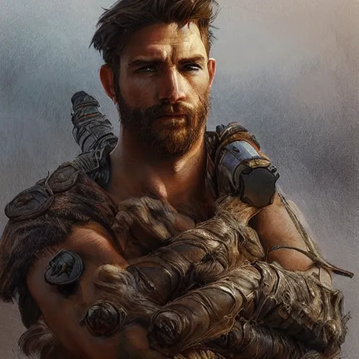 Prompt: portrait of a rugged ranger, 2 5 years old, muscular, upper body, face, hairy torso, d & d, fantasy, intricate, elegant, highly detailed, digital painting, artstation, concept art, smooth, sharp focus, illustration, art by artgerm and greg rutkowski and alphonse mucha