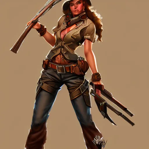 Image similar to full body, female cowgirl, perfect face, long rifle, 8 k, magic the gathering, d & d, artstation