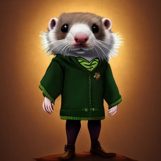 Image similar to a anthropomorphic ferret is dressed as a hogwarts student in slytherin robes, hyperdetailed, artstation, cgsociety, 8 k