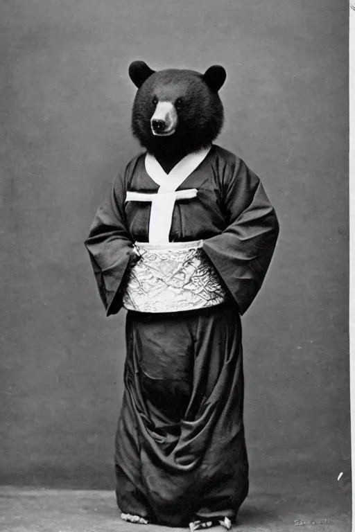 Image similar to anthropomorphic asian black bear in traditional Japanese mens clothing, 1900s photo