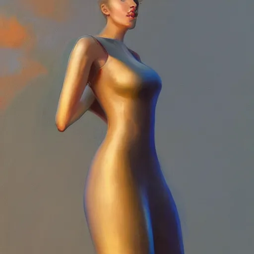 Prompt: a painting of a female wearing a skintight dress. by edward robert hughes and craig davison and tooth wu and wlop and beeple and greg rutkowski. trending on artstation, highly detailed, volumetric lightning