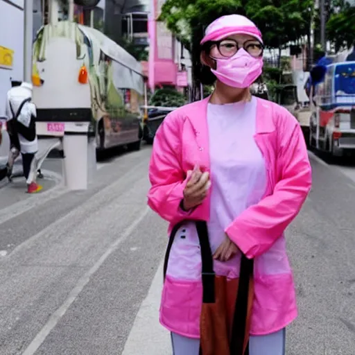 Image similar to taiwanese young woman wears pink medical mask, in the streets