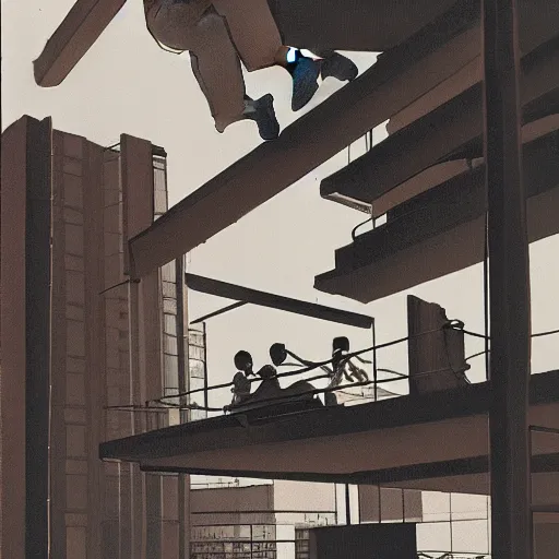 Image similar to art of two singapore students on the roof of a hdb flat, by syd mead
