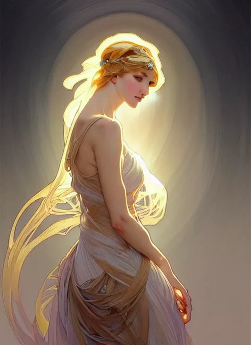 Image similar to digital character concept art by artgerm and greg rutkowski and alphonse mucha. clear portrait of a modern young wife blessed by god to uncontrollably grow more perfect and fertile!! blonde, in clothes! feminine well - formed holy body!! light effect. hyper detailed, glowing lights!! intricate, elegant, digital painting, artstation, smooth, sharp focus