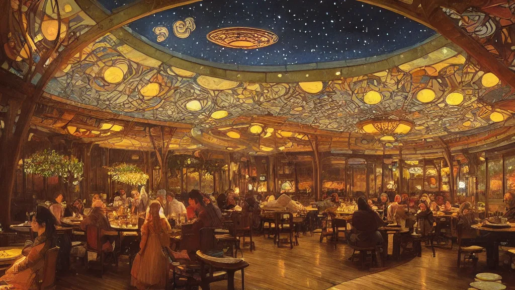 Image similar to a beautiful painting of the view from the river of the interior of a round restaurant designed by frank lloyd wright, at night with a sky full of stars, intricate, elegant, highly detailed, digital painting, artstation, concept art, by krenz cushart and artem demura and alphonse mucha