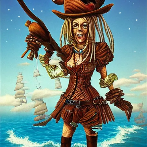 Prompt: full body concept art of a female pirate by Jacek Yerka