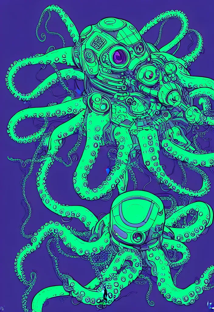 Image similar to robotic cyberpunk octopus by miyazaki, blue green purple black color palette, symmetrical vector illustration, kenneth blom, mental alchemy, james jean, pablo amaringo, naudline pierre, contemporary art, hyper detailed