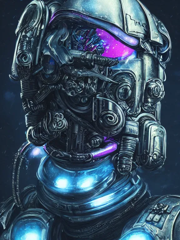 Image similar to portrait art of 8k ultra realistic space marine, side profile, galaxy reflection ion in helmet, deep space , detailed intricate ornate armour,eldritch horror,blade runner, cybernetic, full of colour, cinematic lighting, trending on artstation, 4k, hyperrealistic, focused, extreme details,unreal engine 5, cinematic, masterpiece, art by ayami kojima, giger