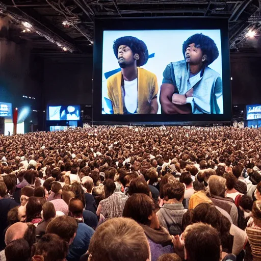 Image similar to a large crowd of people looking up at a large screen