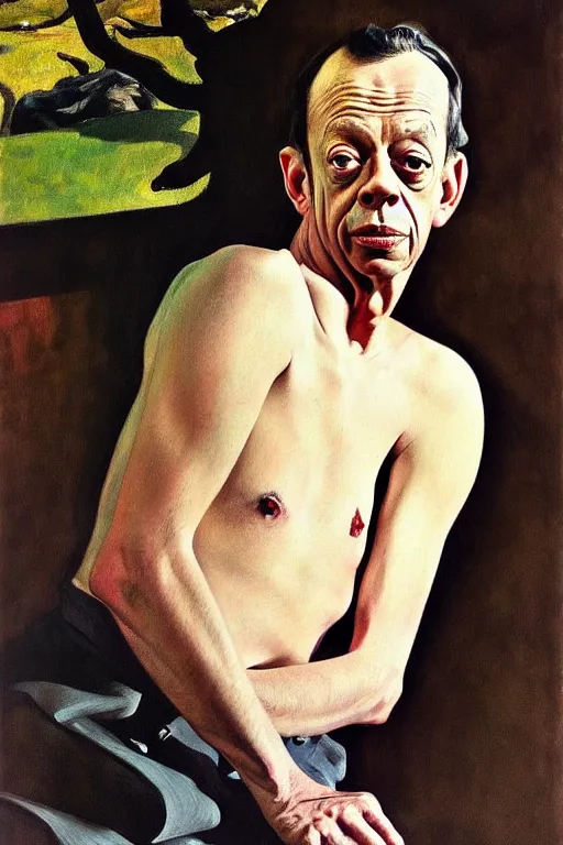 Image similar to portrait of don knotts sitting with full face full figure seductive sensual alluring attractive, in the style of expressionism, artstation, trending, andrew wyeth, jamie wyeth, john singer sargent,