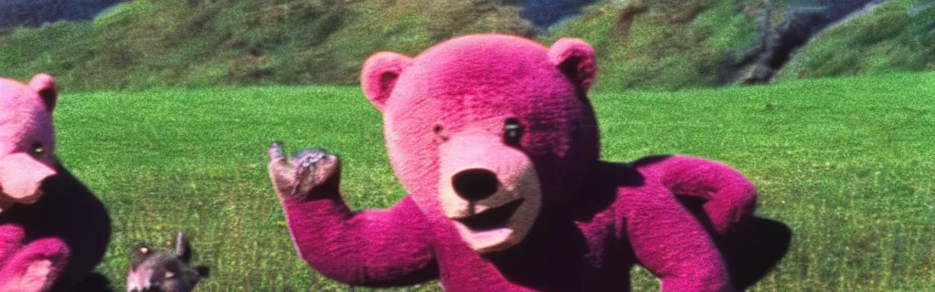 Prompt: people in pink bear suits being hunted by actual bears on a green meadow, movie still, by david lynch, by fellini, by terry gilliam, cinemascope