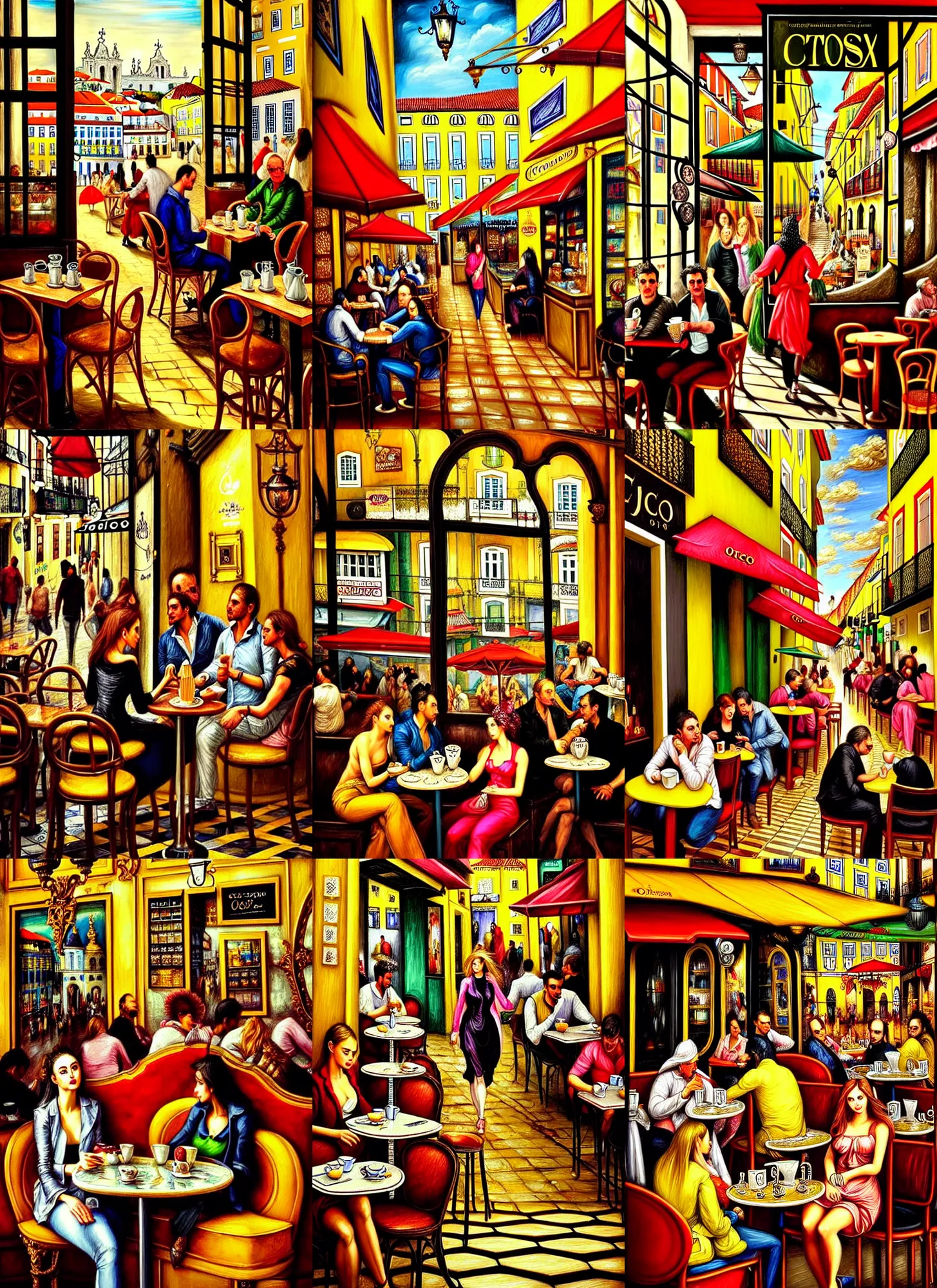 Prompt: The City of Lisbon in a cafe shop there is many people walking and advertisements are everywhere, Neo Rococo Expressionist, Maximalism, orientalism, diffuse lighting, fantasy, intricate, elegant, highly detailed, lifelike, photorealistic, digital painting, artstation, illustration, concept art, smooth, sharp focus, art by John Collier and Albert Aublet and Krenz Cushart and Artem Demura and Alphonse Mucha