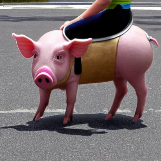 Image similar to an inside-out pig riding a bicycle