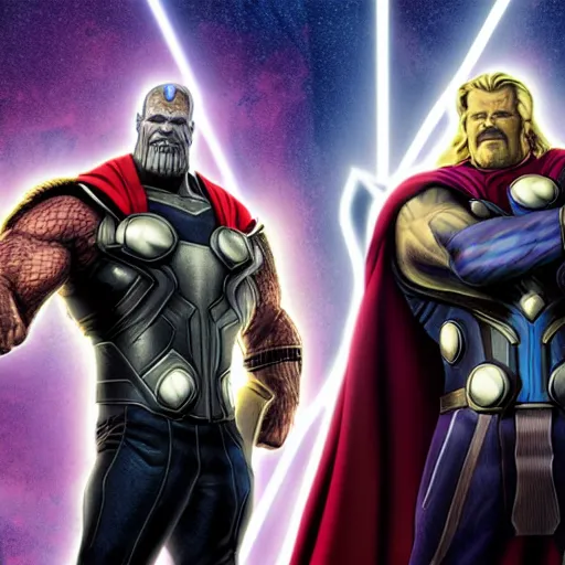 Prompt: a corporate portrait of thanos and thor