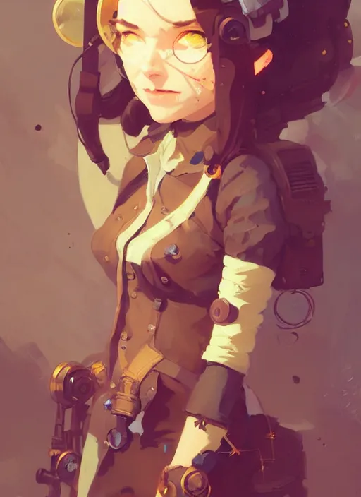 Image similar to portrait of cute maiden girl, steampunk by atey ghailan, by greg rutkowski, by greg tocchini, by james gilleard, by joe gb fenton, by in kaethe butcher, dynamic lighting, gradient light yellow, brown, blonde cream and white color in scheme, grunge aesthetic