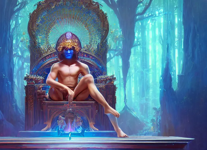 Image similar to wide view picture of a extremely beautiful and aesthetic lord of materialization, sitting on the throne, centred position, bright hair, floating greed cubes on the background, lighting eyes, magic and fantasy, highly detailed face, specular reflection, occlusion shadow, intricate, masterpiece, by ilya kuvshinov and jeremy lipking and quentin mabille