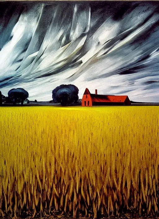 Image similar to Oil painting - An abandoned farmhouse with aerochrome mycelium wheat field - the wheat field is splotched by grotesque fungal fruits - by Lucian Freud and Jenny Saville, Abstract brush strokes, Masterpiece, Edward Hopper and James Gilleard, Zdzislaw Beksinski, Mark Ryden, Wolfgang Lettl highly detailed, hints of Yayoi Kasuma