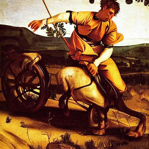 Prompt: a guy in an all terrain vehicle by caravaggio