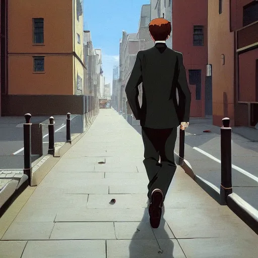 Prompt: a wide angle painting of a photorealistic young man with brown hair wearing a plain white collar shirt tucked into his black pants, sprinting on a sidewalk. character design. anime. genshin impact concept art. perfect aesthetic. clean and symmetrical. miyazaki. rembrandt. rene magritte. trending on artstation