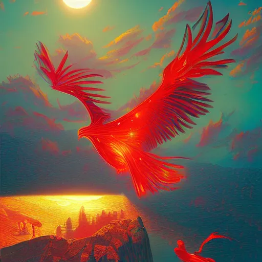 Image similar to the solarpunk phoenix, red bird, ornate egg, regeneration, landscape, epic composition, volumetric light, bokeh, painting by ilya kuvshinov and by makoto shinkai