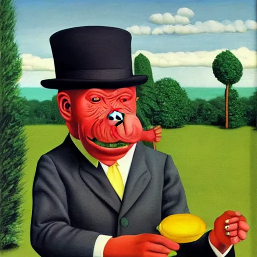 Prompt: ape in suit and bowler hat holding banana oil painting magritte