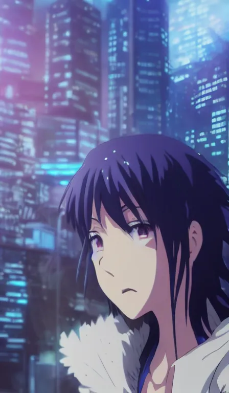 Prompt: anime fine details portrait of Mizore Shirayuki in front of cyberpunk modern city landscape on the background deep bokeh, close-up view, anime masterpiece by Studio Ufotable, 8k, sharp high quality anime, trending on artstation