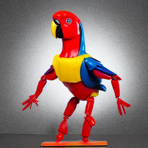 Image similar to 1980s plastic vinyl action figure toy of a humanoid parrot man with muscular arms, studio photography isolated on a white background