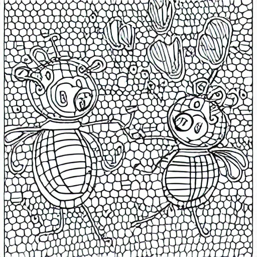 Prompt: Coloring page of two cute bees as grandmas knitting a honeycomb