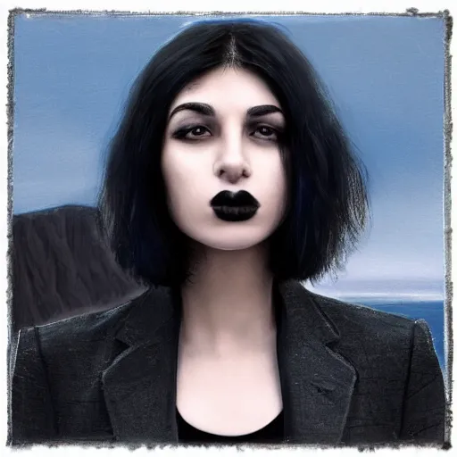 Image similar to 1 7 - year - old pale - skinned persian girl with black long bob cut, black gothic jacket, blue jeans, psychic girl, psychokinetic girl, standing on cliff along the irish coast, overcast gray skies, ultra - realistic, sharp details, subsurface scattering, intricate details, cold lighting, highly detailed, photorealistic, octane render, art by artgerm